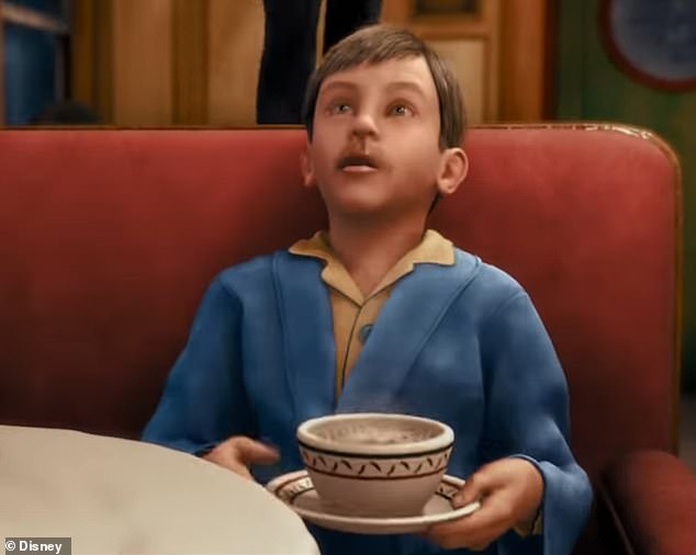 The main character from 'The Polar Express' drinks the hot chocolate from the film