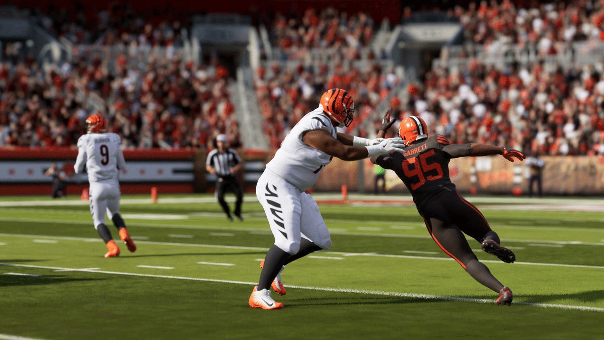 An offensive tackle blocks a defensive end in the cross-Ohio rivalry between the Bengals and the Browns in Madden NFL 24