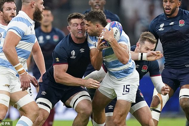 The England flanker (centre left) was sent off for this dangerous challenge against Argentinian Juan Mallia (with ball) on Saturday