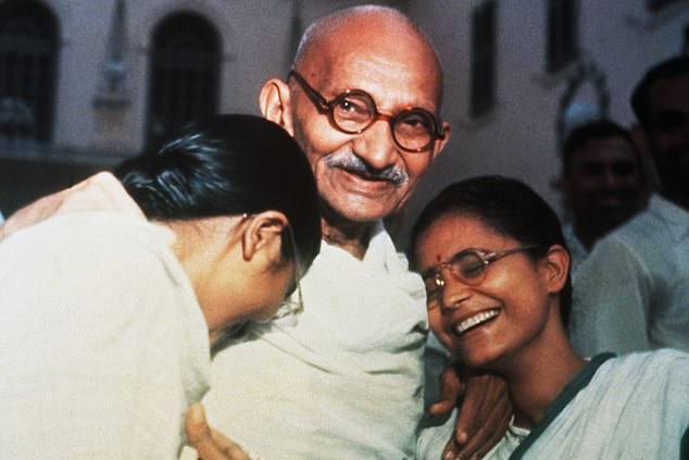 Mahatma Ghandi pictured with his two granddaughters Ava and Manu at Birla House in New Delhi