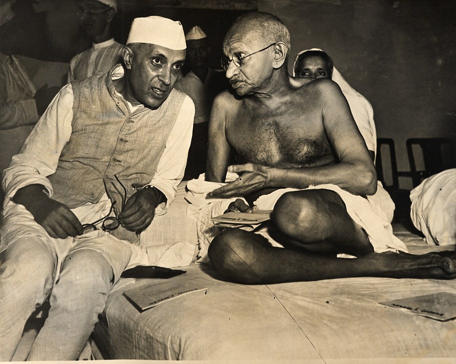 Mahatma Gandhi is pictured on the right, next to Pandit Nehru, India's first Prime Minister