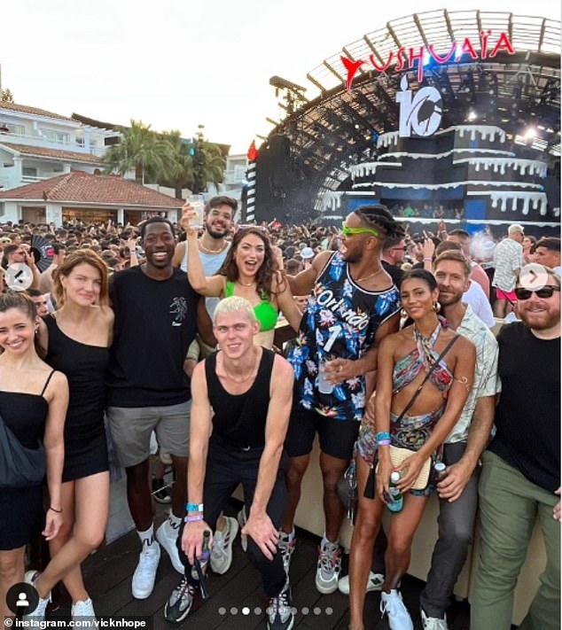 Supportive: Vick was flown back and forth between Ibiza and Britain all summer to support her boyfriend during his summer DJ season on the island (pictured right with friends in Ushuaia last month)