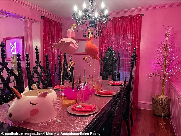 The kitchen features sequin curtains and table details, flamingos, a lighted tree and a unicorn bowl perfect for serving pink lemonade to your guests