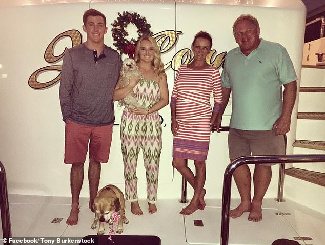 Photos obtained by DailyMail.com appear to show Dr.  Scott Burke (right) spent the holidays with his wife Ellen, 65, and two children Jessica and Connor on a similar boat in 2017 - dubbed the Jess Conn