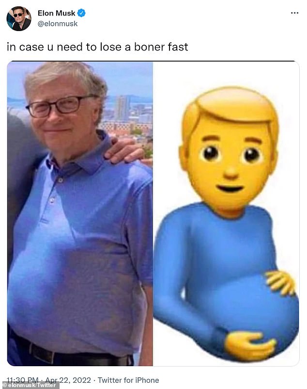 Musk lambasted Gates' physique on Twitter, posting a photo of the Microsoft mogul next to Apple's controversial pregnant men emoji 'in case you need to kill a boner'