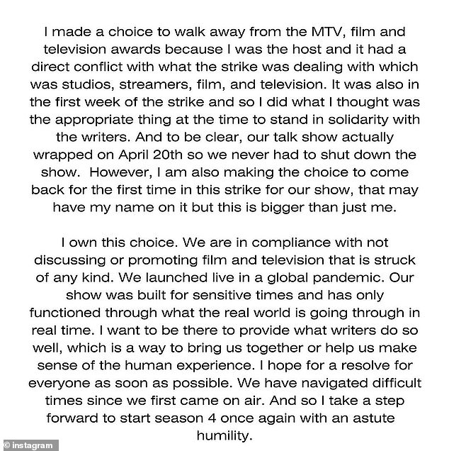 Making her case: The host stated on her Instagram page on Sunday: 'I own this choice' and that the show will be 'in line with not discussing or promoting films and television that have been affected of any kind '