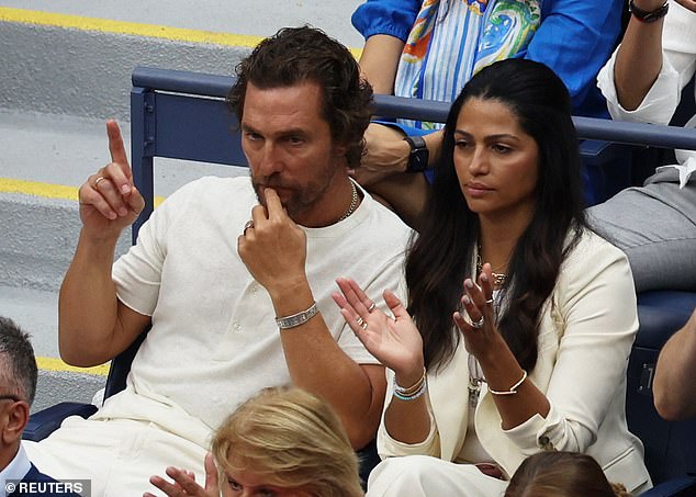 Watching the match: Later in the day, Matthew and Camila were seen competing in the men's singles final at the US Open in Queens on Sunday