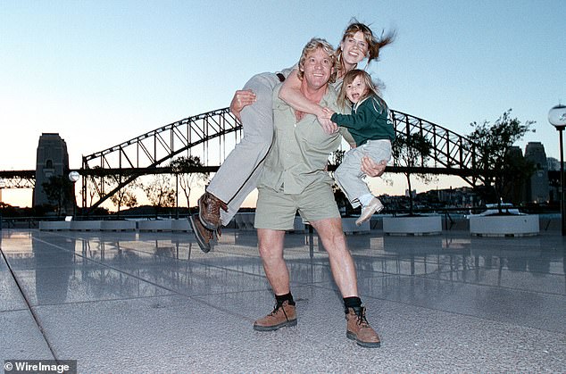 Terri famously took over the Australia Zoo after being widowed with the couple's two children, while Bindi was just eight years old at the time.  Pictured: Steve, Terri and Bindi in Sydney