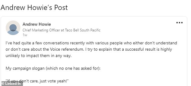 Andrew Howie, the chief marketing officer at Taco Bell, said on LinkedIn (pictured) that the Yes campaign needs a slogan to counter the No side's position: 