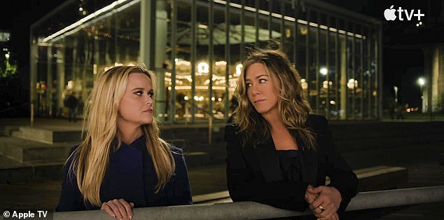 They're back!  Her critically acclaimed series, The Morning Show, returns for its third season on Apple TV+ on September 13, 2023;  Reese Witherspoon and Aniston seen in a still