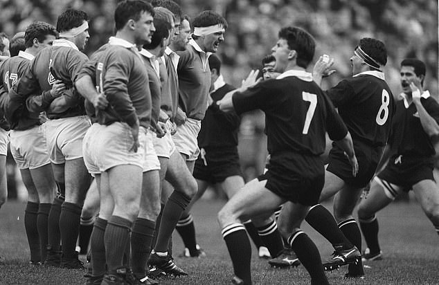 The Irish team takes on the All Blacks in 1989 as captain Wayne Shelford leads the haka