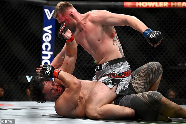 Tai Tuivasa is pictured being knocked down by Alexander Volkov at UFC 293 in a scene repeated at most cage fighting tournaments.  Despite the sport's obvious risks, Minns has praised the sport for being safer than professional boxing