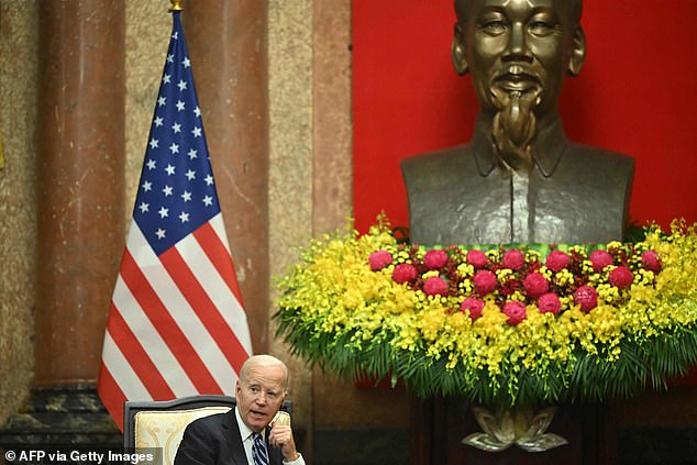 President Joe Biden listens to Vietnamese President Vo Van Thuong during a meeting at the presidential palace in Hanoi.  He will meet with Vietnamese officials on Monday morning, September 11, and then pay tribute to Senator John McCain.