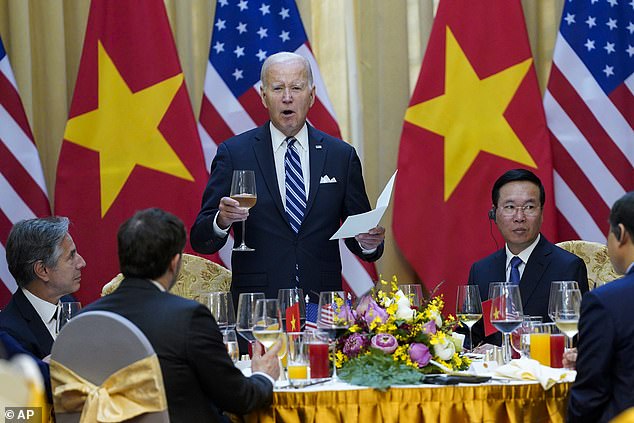 President Joe Biden delivers a toast at a state luncheon Monday in Hanoi as he meets Vietnamese leaders during his five-day trip to India and Vietnam