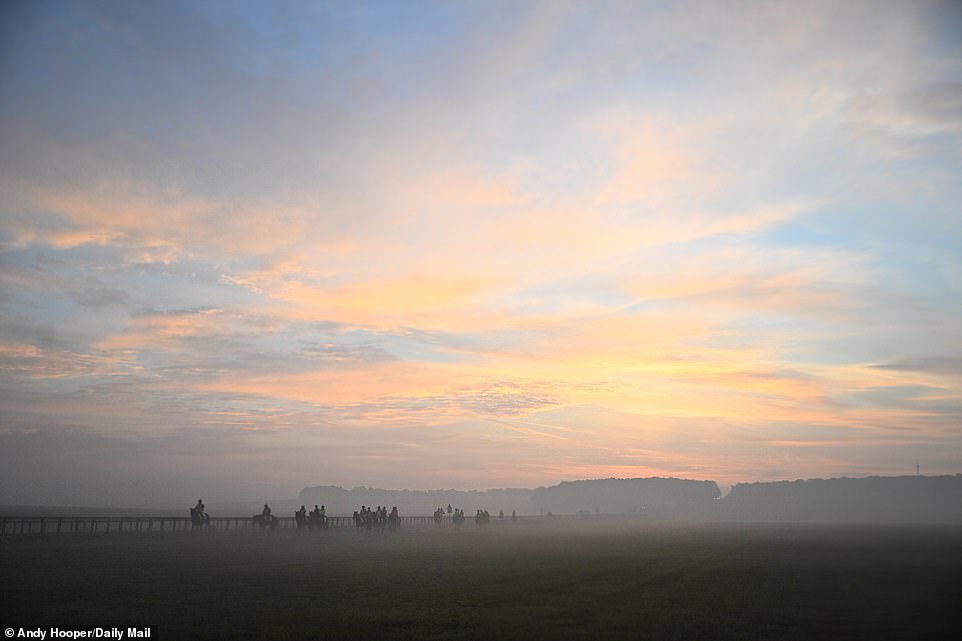 Silhouettes of horses and riders fade into the distance as dawn breaks over the Newmarket Training Grounds