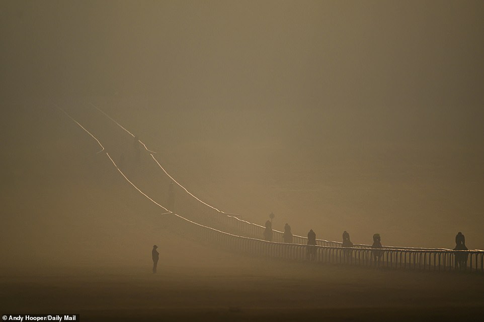 A number of jockeys make their way down the long hill and into the early morning mist as a trainer watches from afar