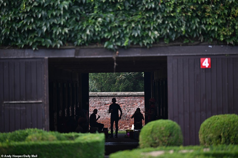 Three stable workers take some time to enjoy a cup of tea and lunch before getting back to work