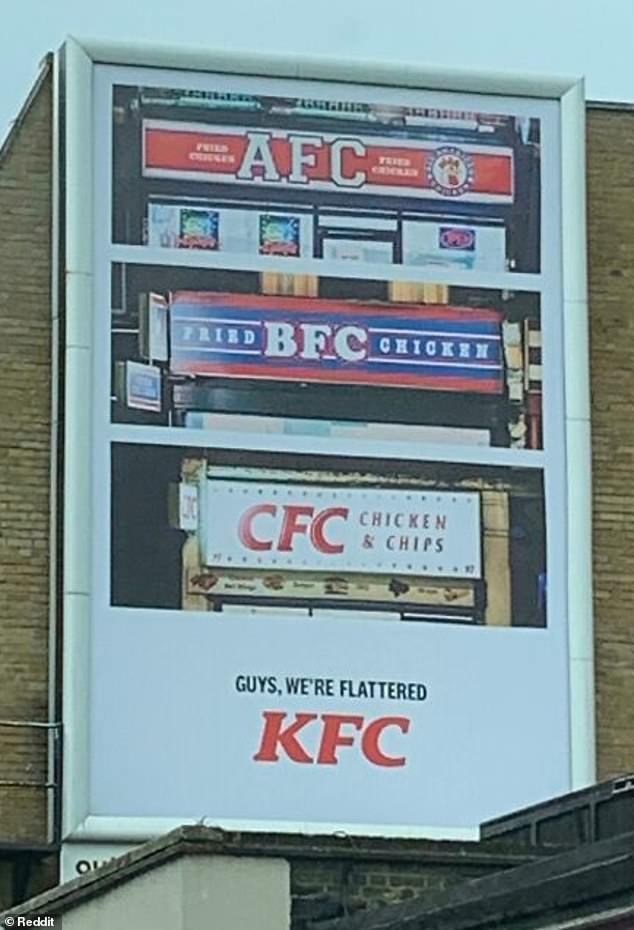 This billboard for KFC in the UK pokes fun at their competitors by saying 'we're flattered'