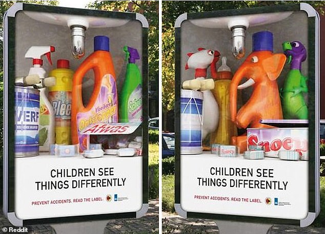 This important billboard shows adults how children can see cleaning products, ultimately providing a clear warning to keep them out of sight