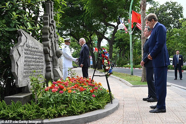 Biden was joined by former Secretary of State and Senator John Kerry (right), who like Biden was one of McCain's colleagues in the Senate, but unlike McCain returned from his service in Vietnam to become one of the faces of the American anti-war movement