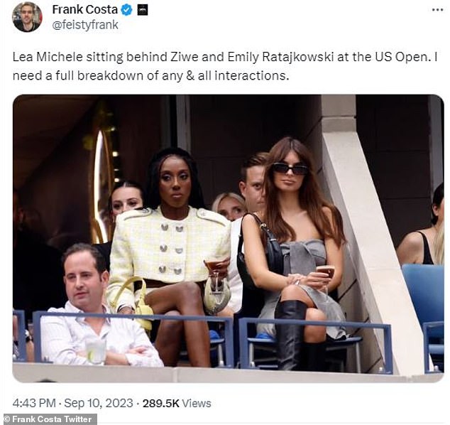 Frank: To add more fuel to the fire, Watch What Happens Live producer Frank Costa tweeted an image of the seating and wrote, “Lea Michele sits behind Ziwe and Emily Ratajkowski at the US Open.  I need a complete overview of all interactions'