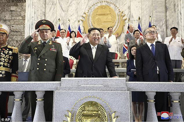 Speculation about military cooperation between the two countries grew after Russian Defense Minister Sergei Shoigu (pictured left) made a rare visit to North Korea in July, when Kim invited him to a weapons exhibition and a huge military parade in the capital, where he exhibited ICBMs designed to target the US mainland.