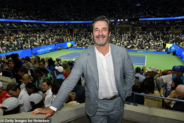 All smiles: The actor, 52, looked dapper in a gray suit as he watched the match between Novak Djokovic and Daniil Medvedev at Arthur Ashe Stadium in Queens