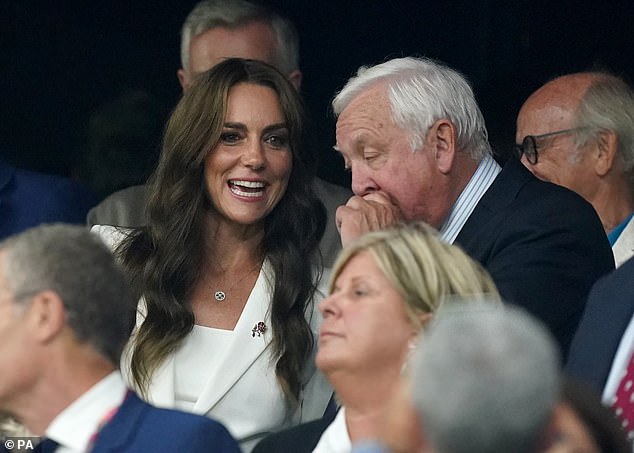 Kate stood in the stands and appeared in good spirits as she chatted with World Rugby chairman Bill Beaumont before the match at the Stade de Marseille, France