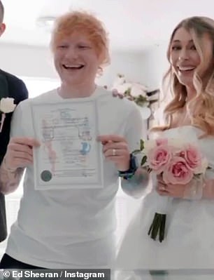 Banter: Sheeran shared a joke with the newlyweds before posing with their marriage certificate