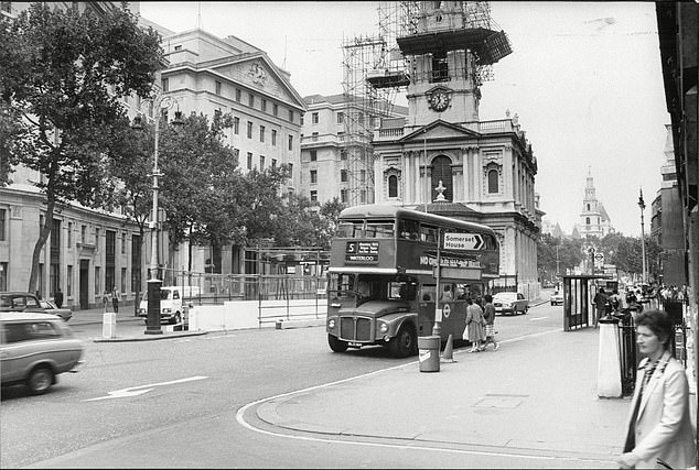 The bus stop (right) Markov was walking past when he was poked with the umbrella