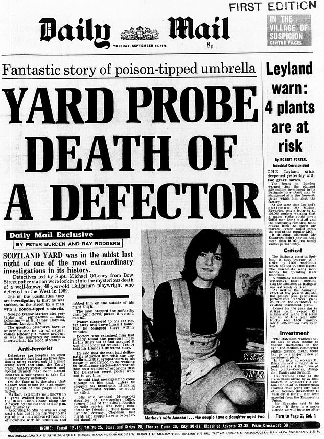 The Daily Mail's first reporting on the death of Georgi Markov.  The news made the front page