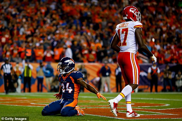 Pacman celebrates after breaking up a pass intended for Chiefs' Chris Conley in 2018