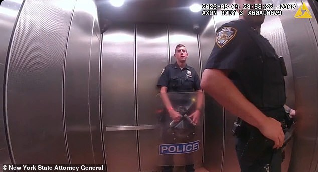 Three officers were in the elevator preparing to go to the unit where a domestic disturbance had been reported when the suspect rushed out of another elevator and attacked them.