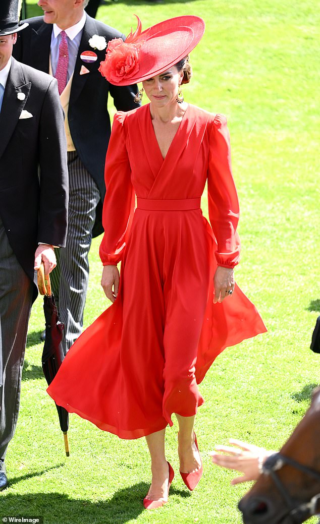 The Princess of Wales is known to favor designs from the British fashion house, including this stunning scarlet number she wore earlier this summer while attending Royal Ascot