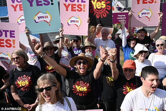 The referendum will ask Australians whether they support a plan to enshrine Indigenous voices in the Constitution in an effort to achieve better outcomes for Aboriginal and Torres Strait Islander people (pictured are Yes23- supporters seen at the Yes campaign launch in Brisbane)