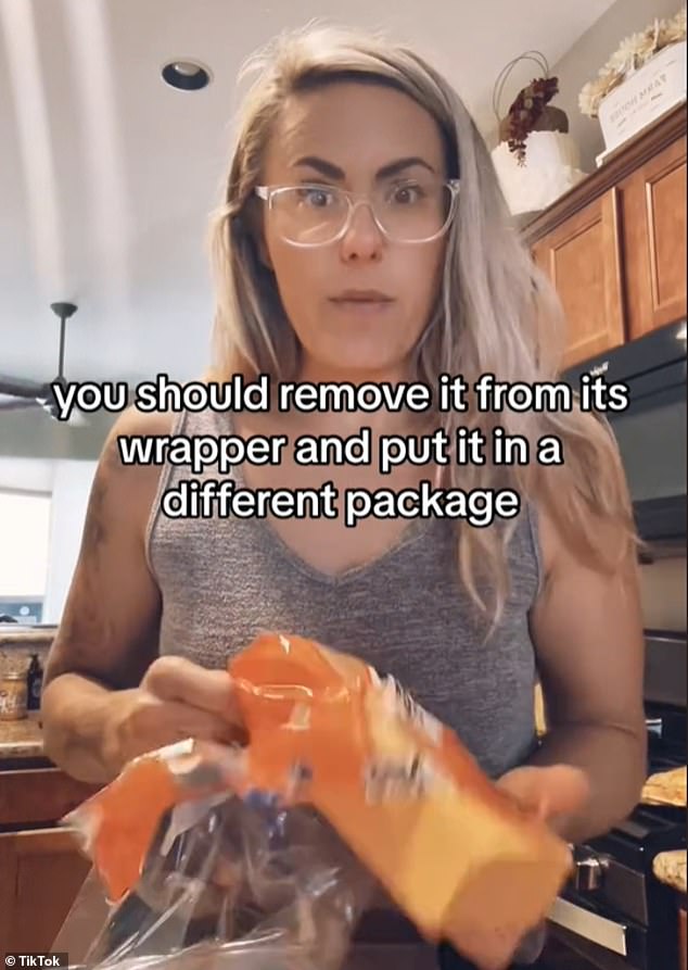 The clip, which has been viewed 43,000 times so far, shows Chrissy removing a large block of cheese from its original packaging before placing it in a separate bag and sealing it.