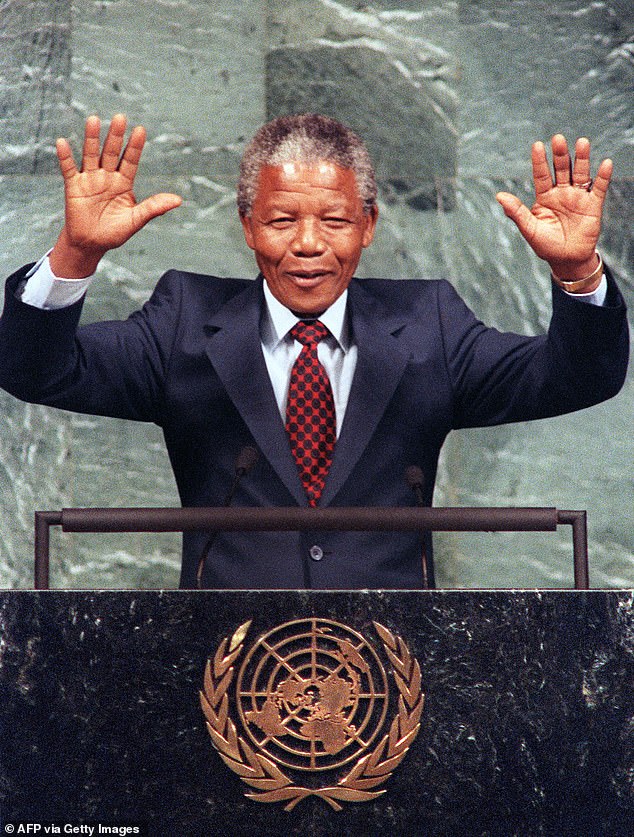 Mandela addresses the United Nations in June 1990, urging the UN to maintain sanctions on South Africa until apartheid is abolished