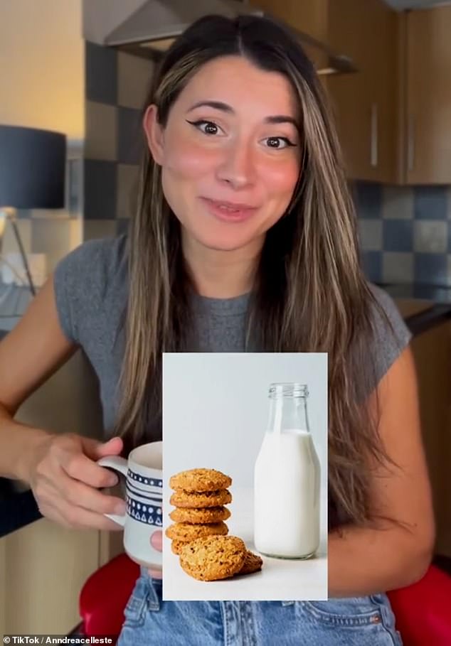 Andrea wears a gray T-shirt and speaks directly into the camera while holding a cup of tea (pictured).  The influencer, whose videos regularly receive more than 500,000 views, then explained that approaches to milk differ greatly between the two countries.