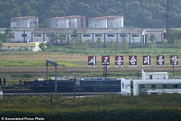 A green train with yellow decorations, similar to the one used by North Korean leader Kim Jong Un on his previous trips, was seen on Monday from a viewing platform in Fangchuan in China's northeastern Jilin province.