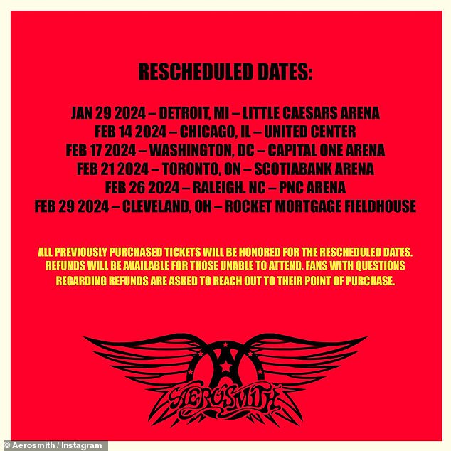 Honored: The group added, “All previously purchased tickets will be honored for the rescheduled dates.  Refunds will be made for those who are unable to attend.  Fans with questions regarding refunds are asked to contact their point of purchase'