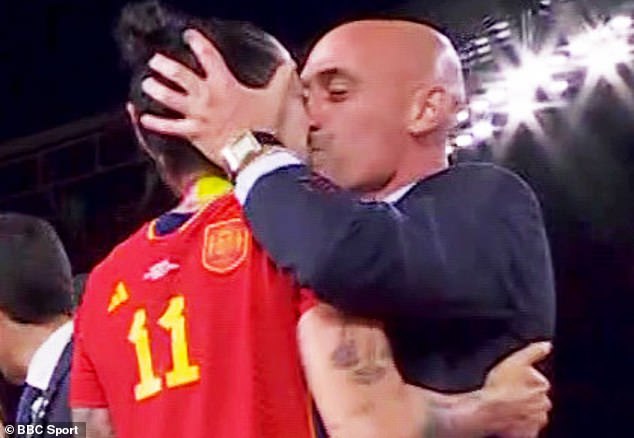 Rubiales (right) kissed Hermoso as she collected her medal after Spain defeated England in the Women's World Cup final last month