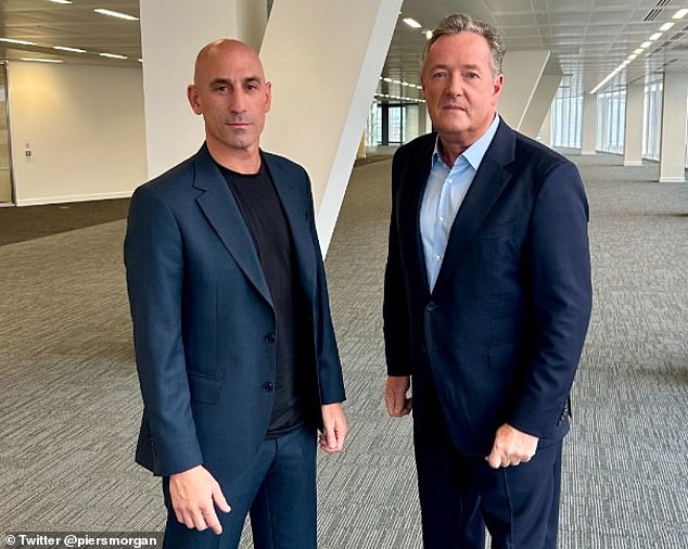 Rubiales (left) announced his resignation in an exclusive interview with Piers Morgan (right)