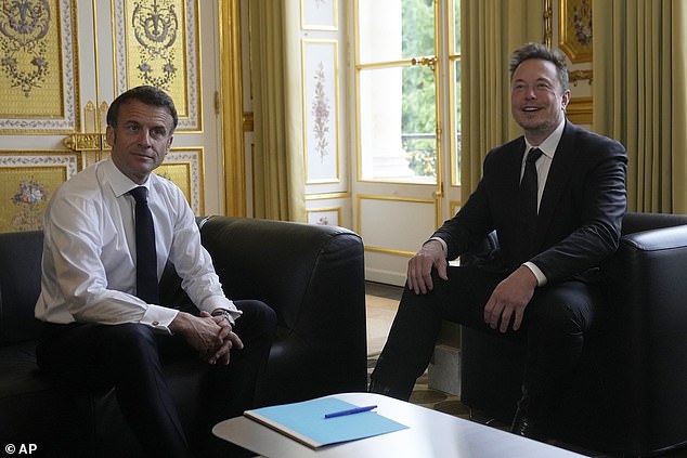 Twitter, now X. Corp, and Tesla CEO Elon Musk, right, pose with French President Emmanuel Macron ahead of their talks, Monday, May 15, 2023, at the Elysee Palace in Paris