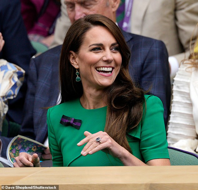 For her summer family holiday, the Princess of Wales opted for straight, side-parted hair for public outings (pictured at the 2023 Wimbledon Gentlemen's Singles Final)