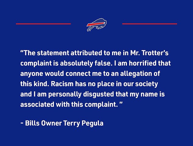 Terry Pegula has denied making the racist statement to ex-NFL columnist Jim Trotter