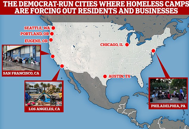 Hundreds of residents and businesses are fleeing Democratic-run cities across America en masse after their livelihoods are threatened by the growing number of homeless encampments and rising crime rates