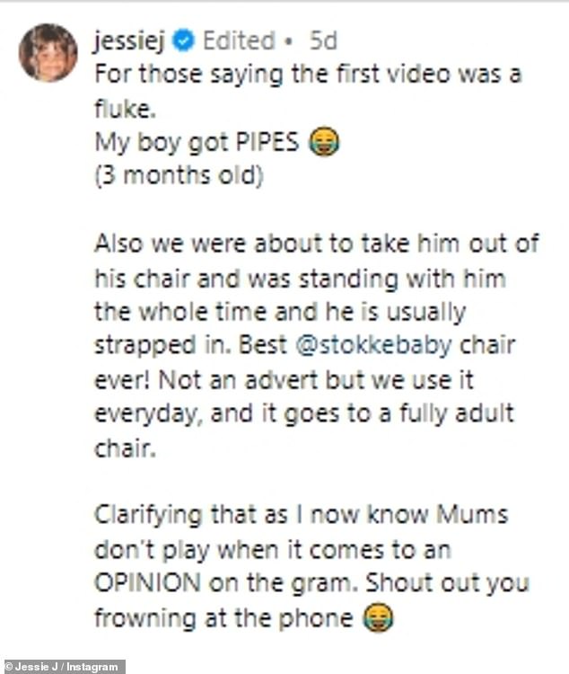 Hitting back: As well as her joy at her singing son, Jessie avoided cruel comments from 'mummy-shamers' as the video showed Sky in his seat without any straps on - something she noted was because 'they were about to take him out '