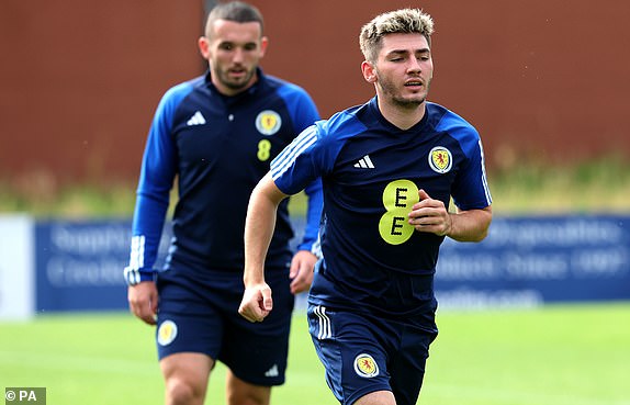 Scotland's Billy Gilmour (right) during training in Lesser Hampden, Glasgow.  Date of photo: Monday, September 11, 2023. PA Photo.  See PA story FOOTBALL Scotland.  Photo credits should read: Robert Perry/PA Wire.  RESTRICTIONS: Use subject to restrictions.  Editorial use only, no commercial use without prior permission from the rights holder.