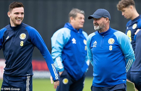 GLASGOW, SCOTLAND - SEPTEMBER 11: Andy Robertson (L) and Steve Clarke (R) during a Scotland training session at Lesser Hampden, on September 11, 2023, in Glasgow, Scotland.  (Photo by Alan Harvey / SNS Group)