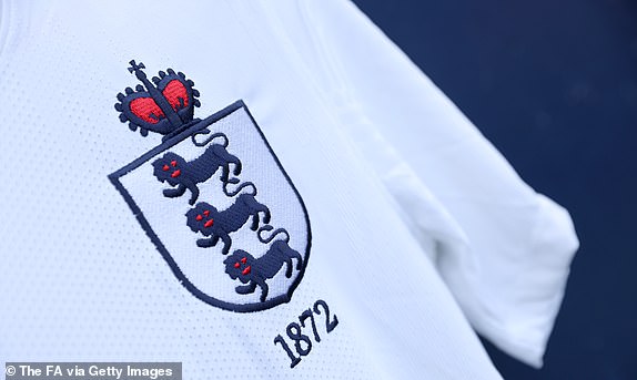 GLASGOW, SCOTLAND - SEPTEMBER 12: A unique England warm-up shirt featuring the original crest from the first Scotland-England meeting in 1872, is seen ahead of the 150th Anniversary Heritage Match between Scotland and England at Hampden Park on September 12, 2023 in Glasgow, Scotland.  (Photo by Eddie Keogh - The FA/The FA via Getty Images)